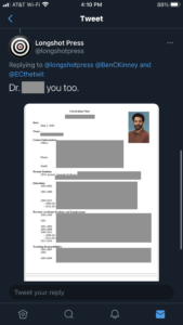 Screenshot of Longshot Press twitter account doxxing Benjamin C. Kinney, including legal name, home address, workplace, etc. Private into is opaqued in screenshot, not original.