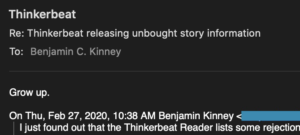 Email from Thinkerbeat to Benjamin C. Kinney containing only the words "Grow up."
