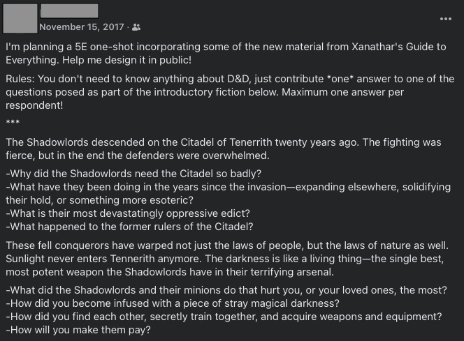 Text of a facebook post asking for D&D worldbuilding notes